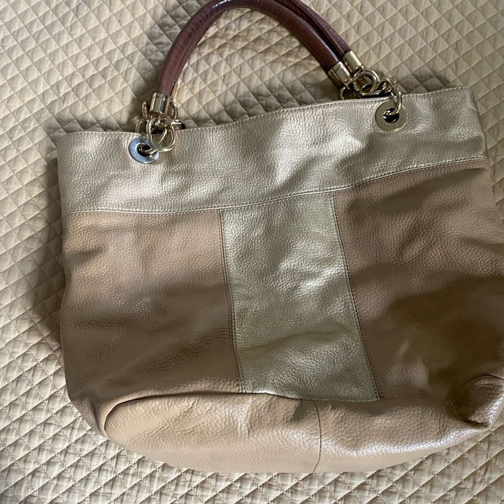 Tommy Hilfiger gold and beige Leather Tote EUC